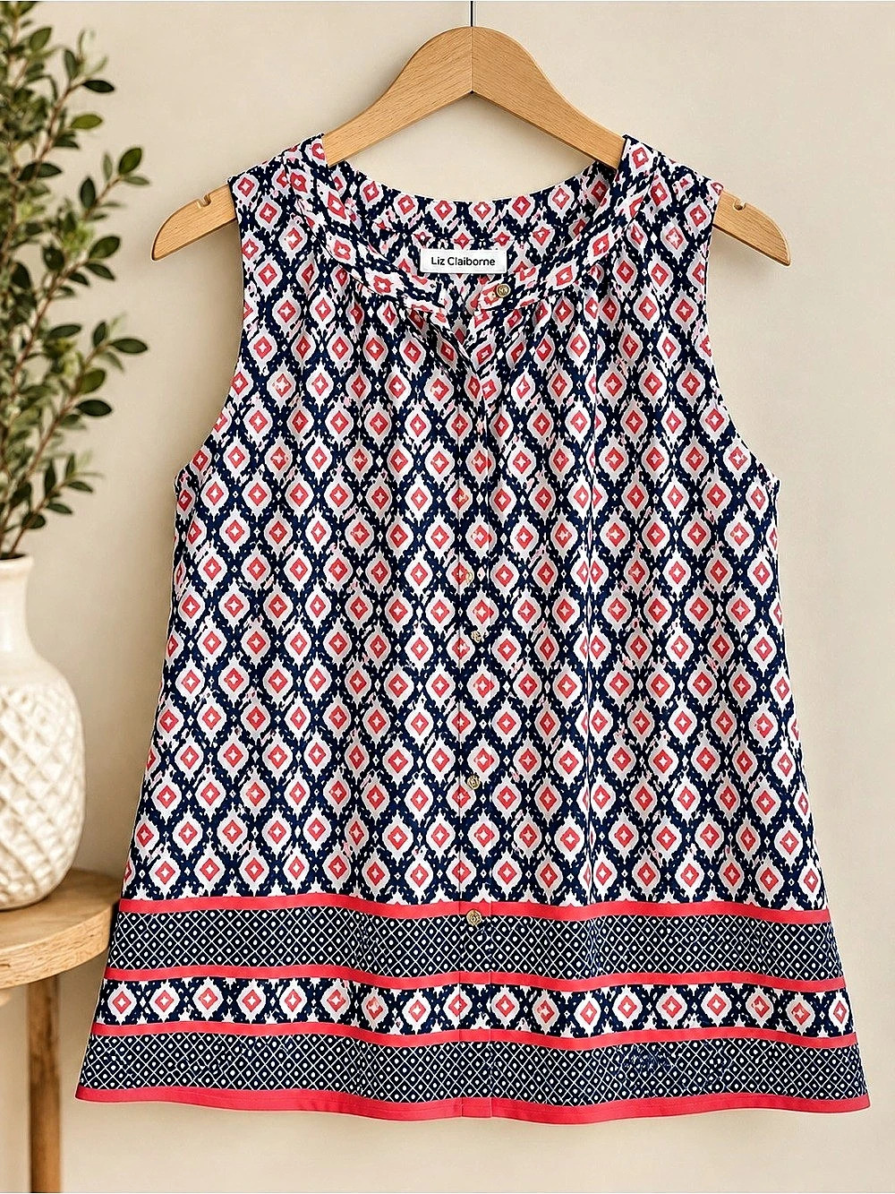 Liz Claiborne Geometric Sleeveless Blouse in Blue & Red Size Small Like N